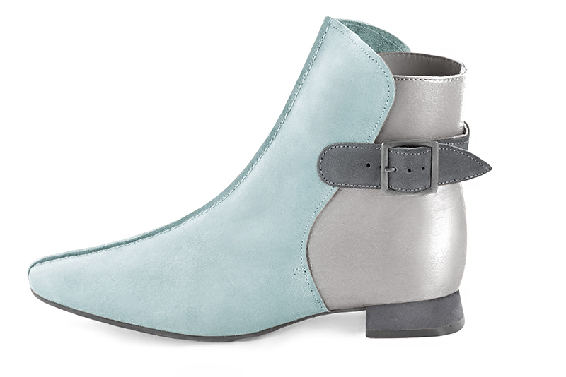 Women's aquamarine blue, silver and dove grey elegant ankle boots, with buckles at the back. Square toe. Flat flare heels - Profile view